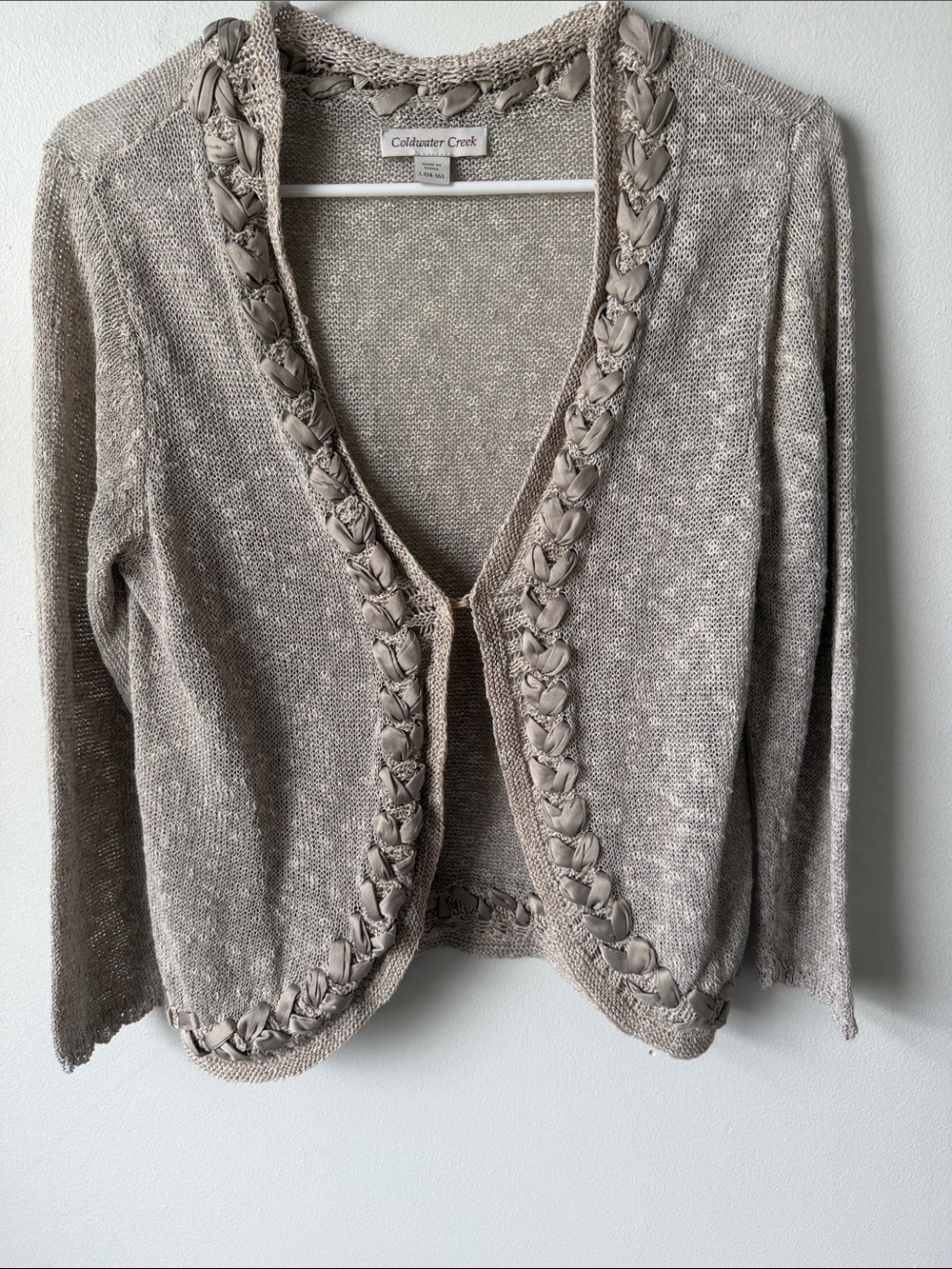 Coldwater Creek Taupe Braided-Trim Open Front Cardigan